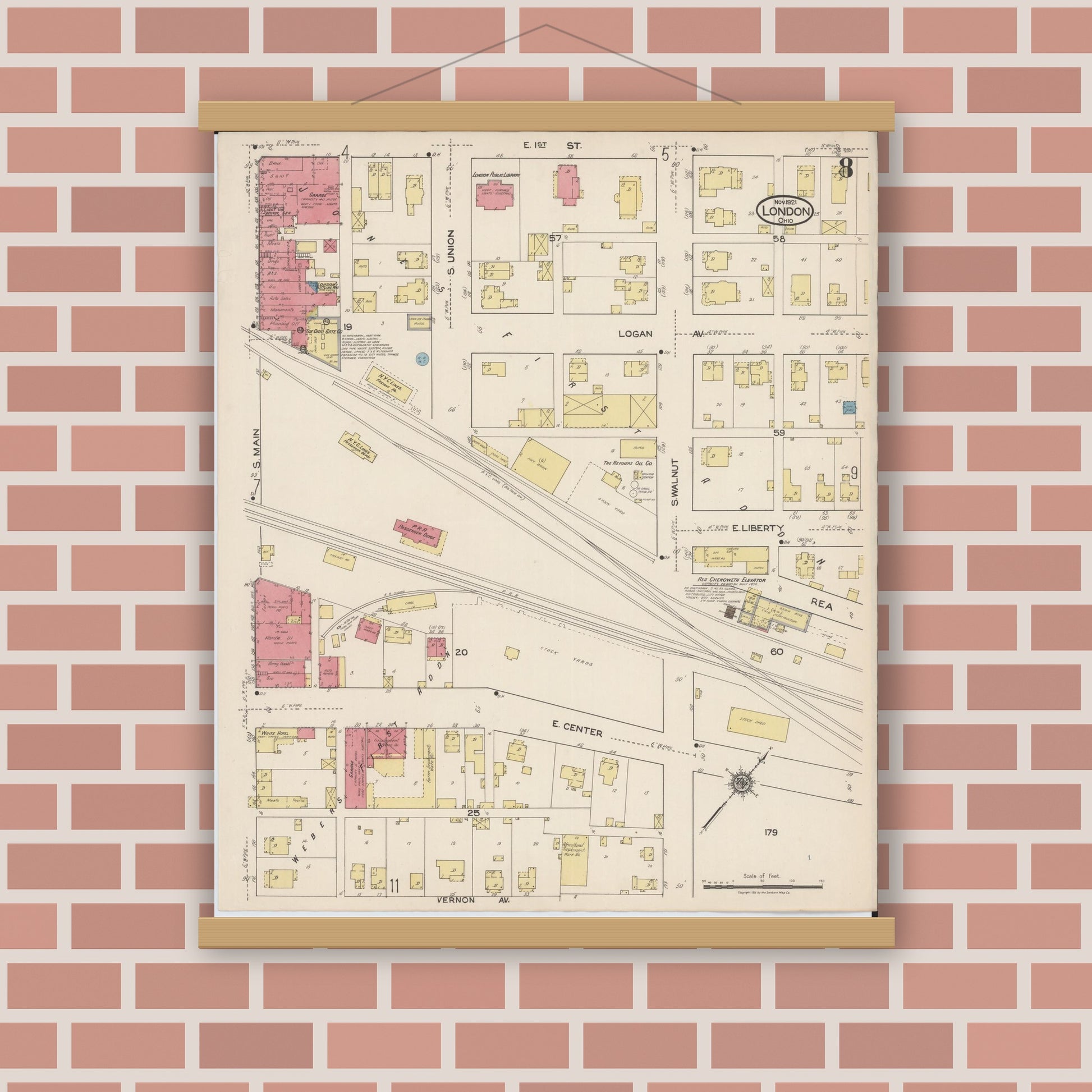 Old map wall art mockup — magnetic wood frame on brick wall — Sanborn Fire Insurance Map from London, Madison County, Ohio (1921), Sheet #0008