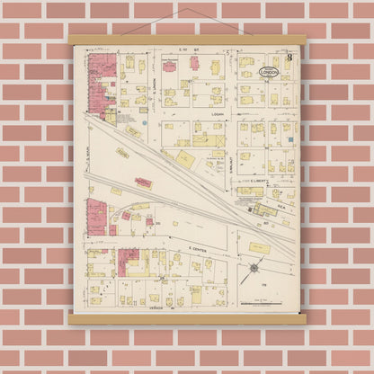 Old map wall art mockup — magnetic wood frame on brick wall — Sanborn Fire Insurance Map from London, Madison County, Ohio (1921), Sheet #0008