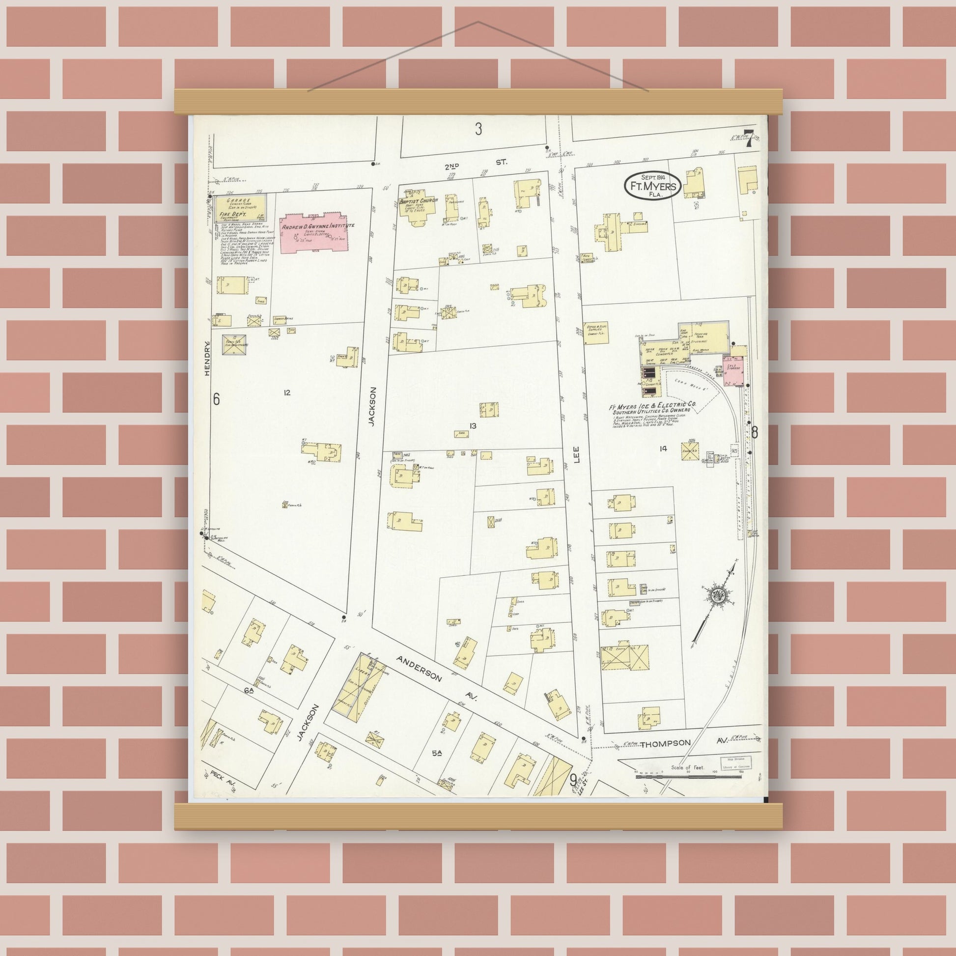 Old map wall art mockup — magnetic wood frame on brick wall — Sanborn Fire Insurance Map from Fort Myers, Lee County, Florida (1914), Sheet #0007