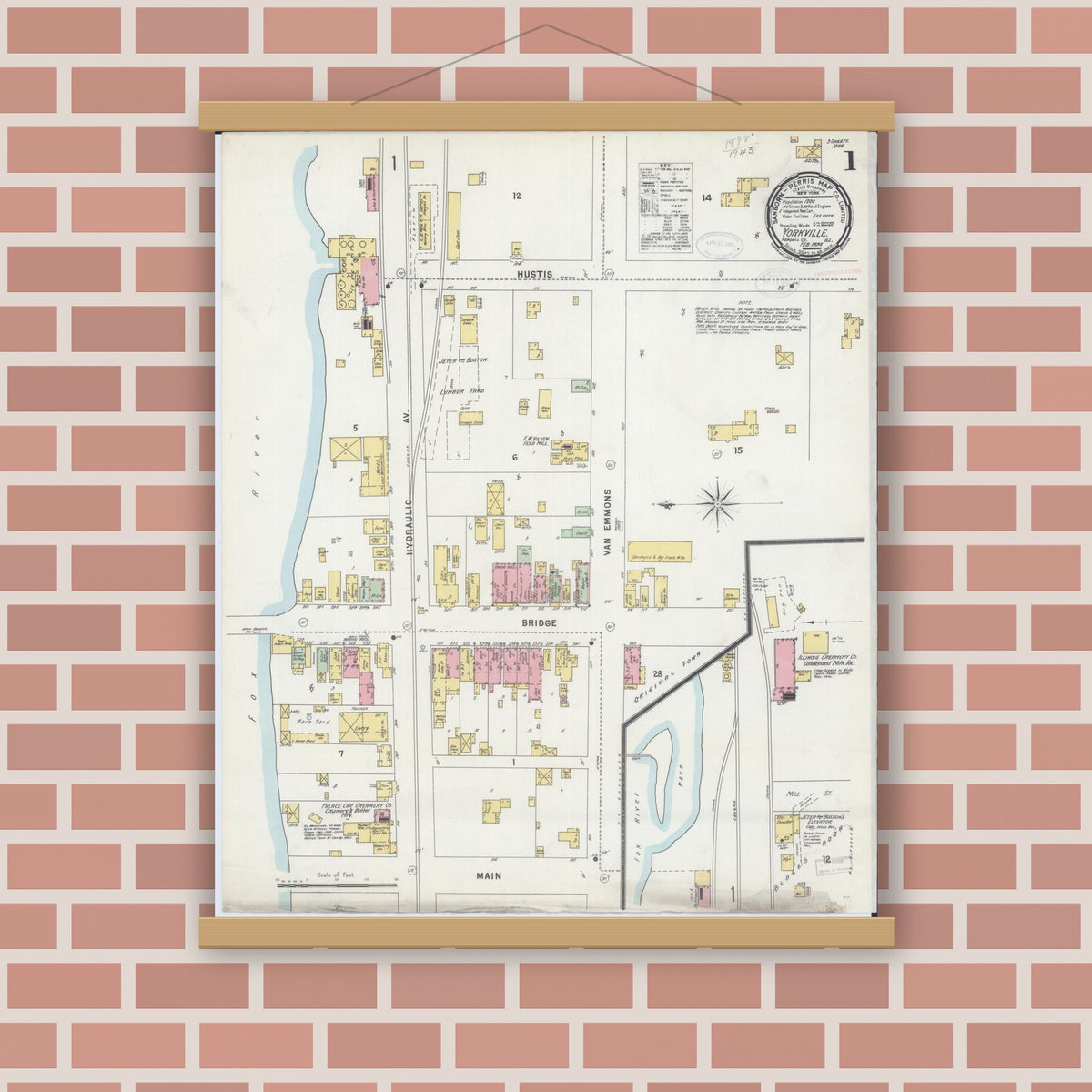 Old map wall art mockup — magnetic wood frame on brick wall — Sanborn Fire Insurance Map from Yorkville, Kendall County, Illinois (1898) - Complete Map Set