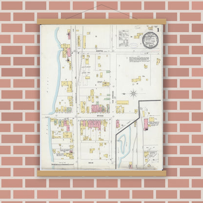 Old map wall art mockup — magnetic wood frame on brick wall — Sanborn Fire Insurance Map from Yorkville, Kendall County, Illinois (1898) - Complete Map Set