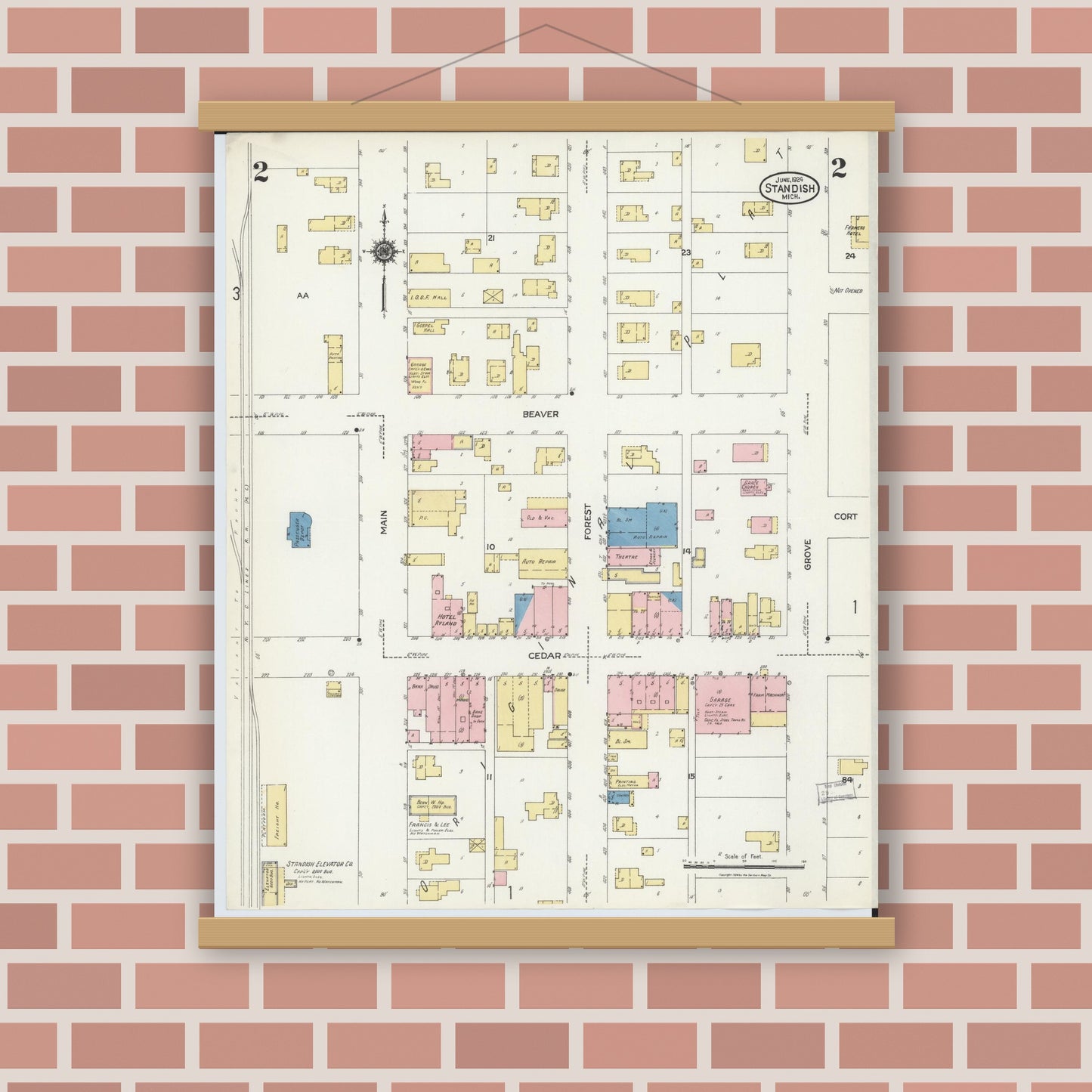 Old map wall art mockup — magnetic wood frame on brick wall — Sanborn Fire Insurance Map from Standish, Arenac County, Michigan (1924), Sheet #0002
