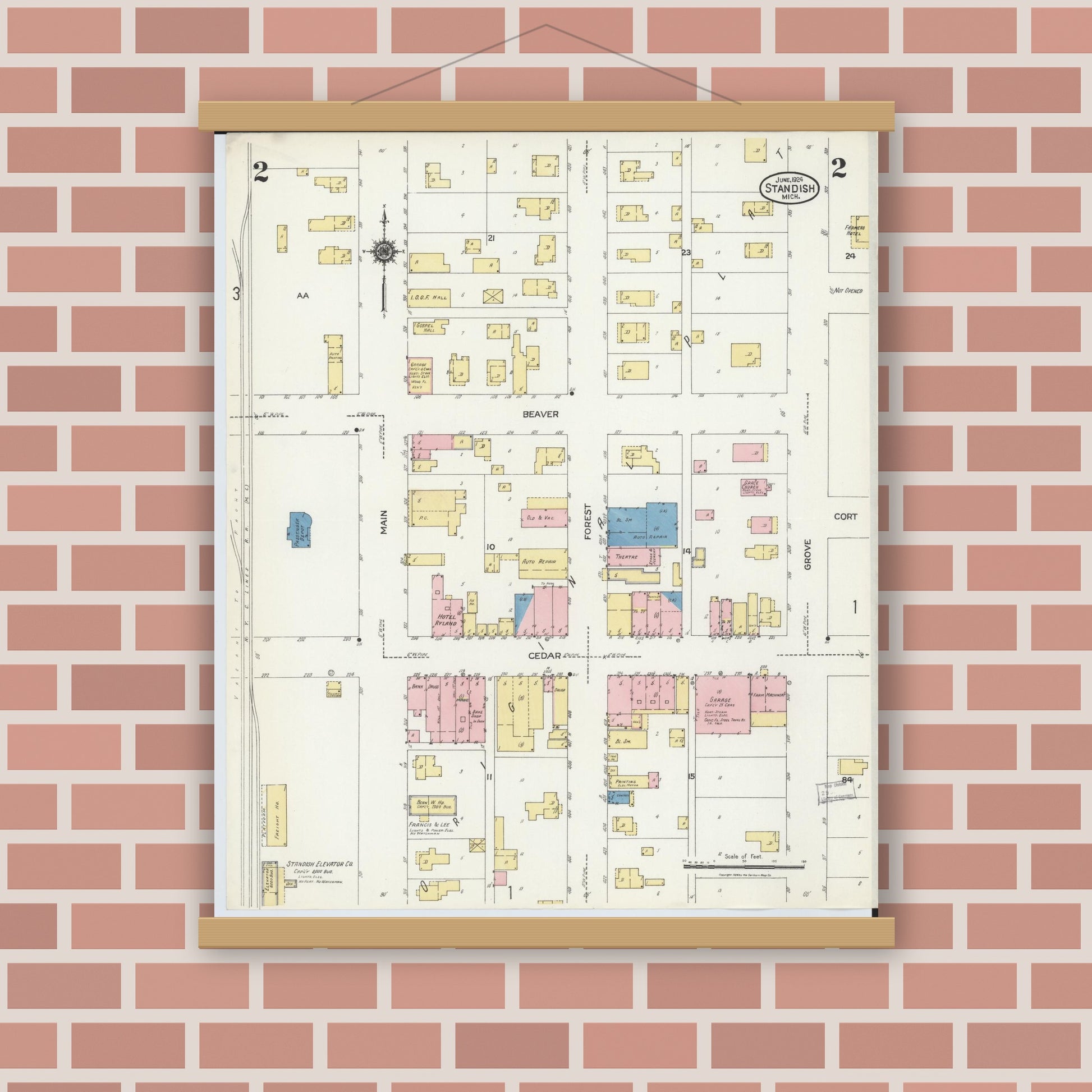 Old map wall art mockup — magnetic wood frame on brick wall — Sanborn Fire Insurance Map from Standish, Arenac County, Michigan (1924), Sheet #0002