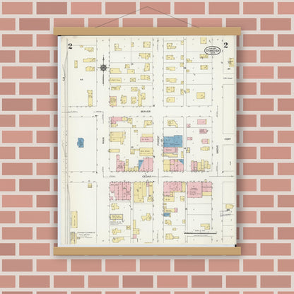 Old map wall art mockup — magnetic wood frame on brick wall — Sanborn Fire Insurance Map from Standish, Arenac County, Michigan (1924), Sheet #0002