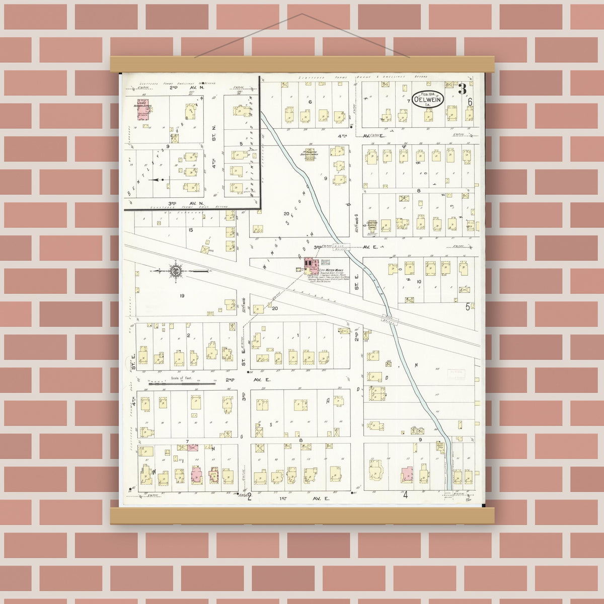 Old map wall art mockup — magnetic wood frame on brick wall — Sanborn Fire Insurance Map from Oelwein, Fayette County, Iowa (1914), Sheet #0003