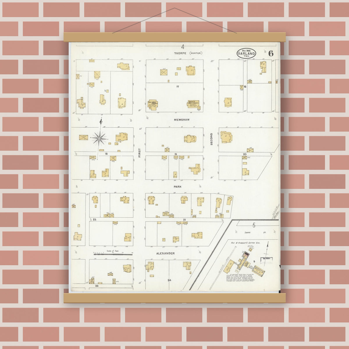 Old map wall art mockup — magnetic wood frame on brick wall — Sanborn Fire Insurance Map from Garland, Dallas County, Texas (1906), Sheet #0006