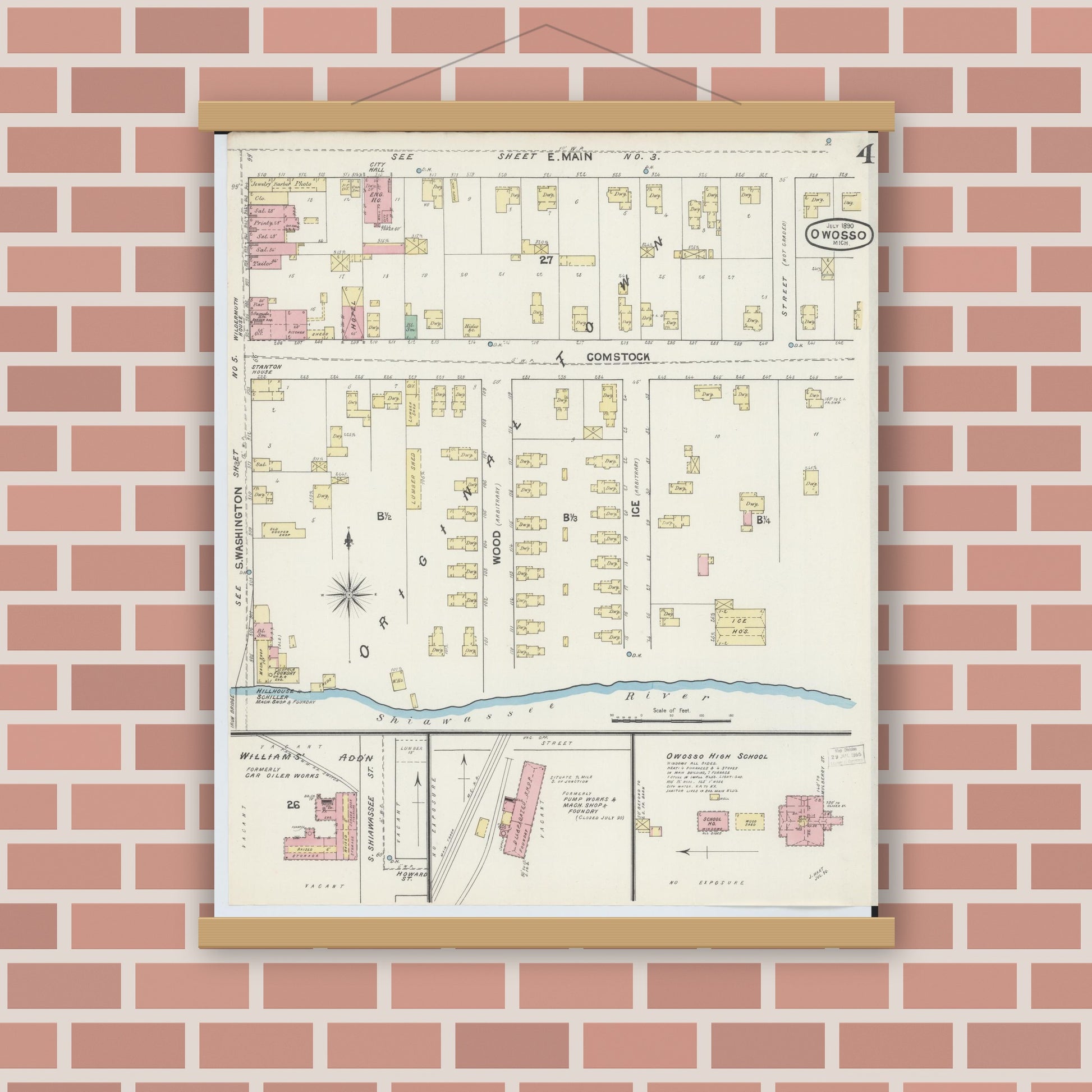 Old map wall art mockup — magnetic wood frame on brick wall — Sanborn Fire Insurance Map from Owosso, Shiawassee County, Michigan (1890), Sheet #0004