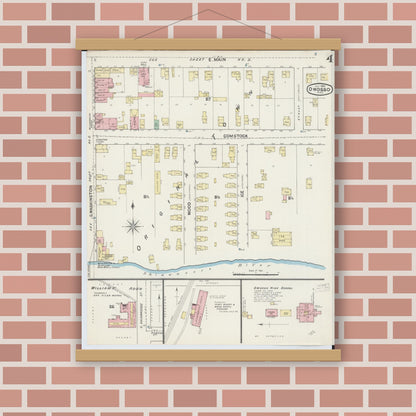 Old map wall art mockup — magnetic wood frame on brick wall — Sanborn Fire Insurance Map from Owosso, Shiawassee County, Michigan (1890), Sheet #0004