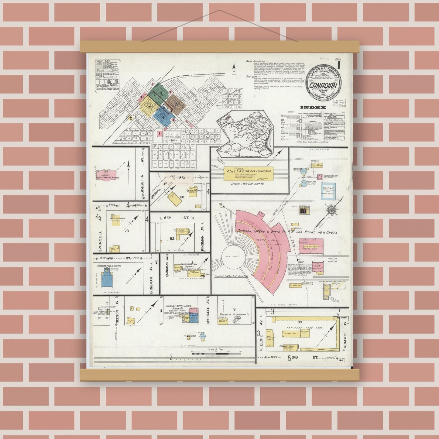 Old map wall art mockup — magnetic wood frame on brick wall — Sanborn Fire Insurance Map from Canadian, Hemphill County, Texas (1920), Sheet #0001