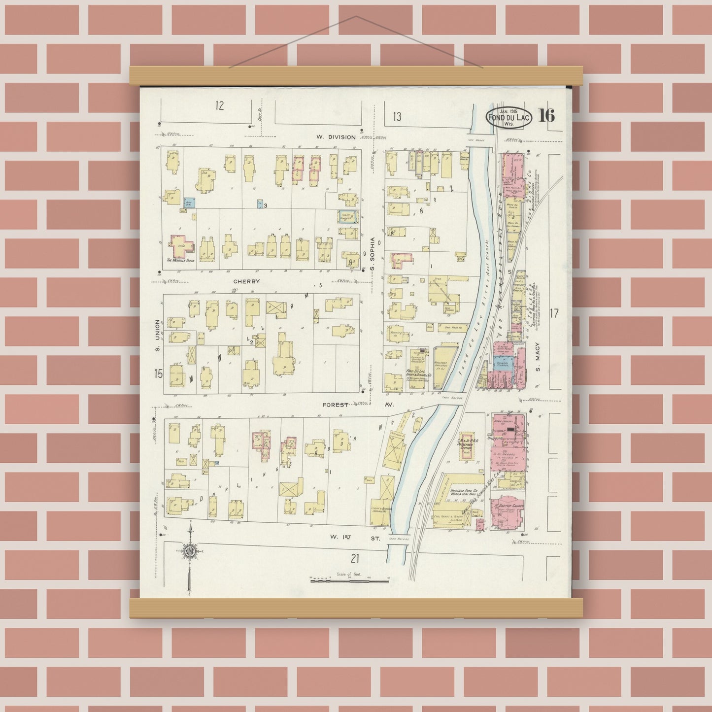 Old map wall art mockup — magnetic wood frame on brick wall — Sanborn Fire Insurance Map from Fond du Lac, Fond du Lac County, Wisconsin (1915), Sheet #0016