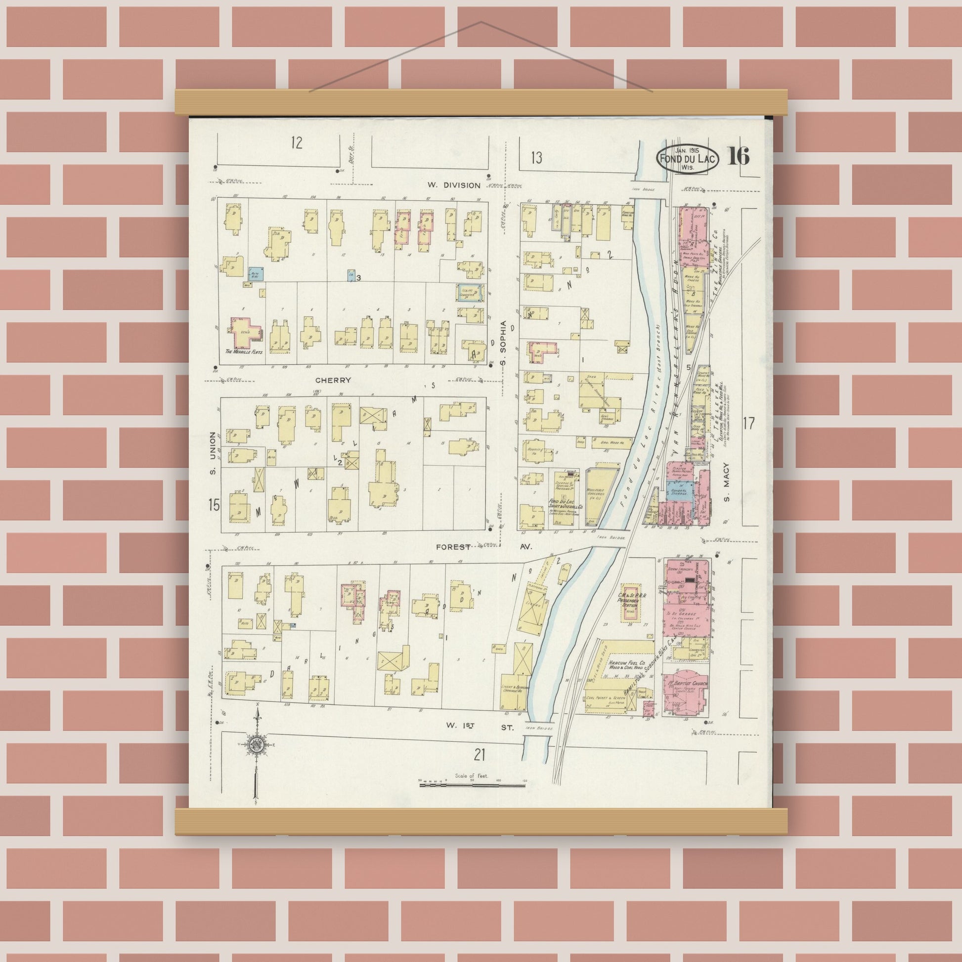 Old map wall art mockup — magnetic wood frame on brick wall — Sanborn Fire Insurance Map from Fond du Lac, Fond du Lac County, Wisconsin (1915), Sheet #0016