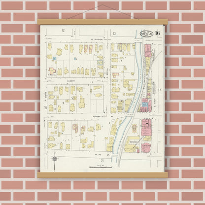 Old map wall art mockup — magnetic wood frame on brick wall — Sanborn Fire Insurance Map from Fond du Lac, Fond du Lac County, Wisconsin (1915), Sheet #0016