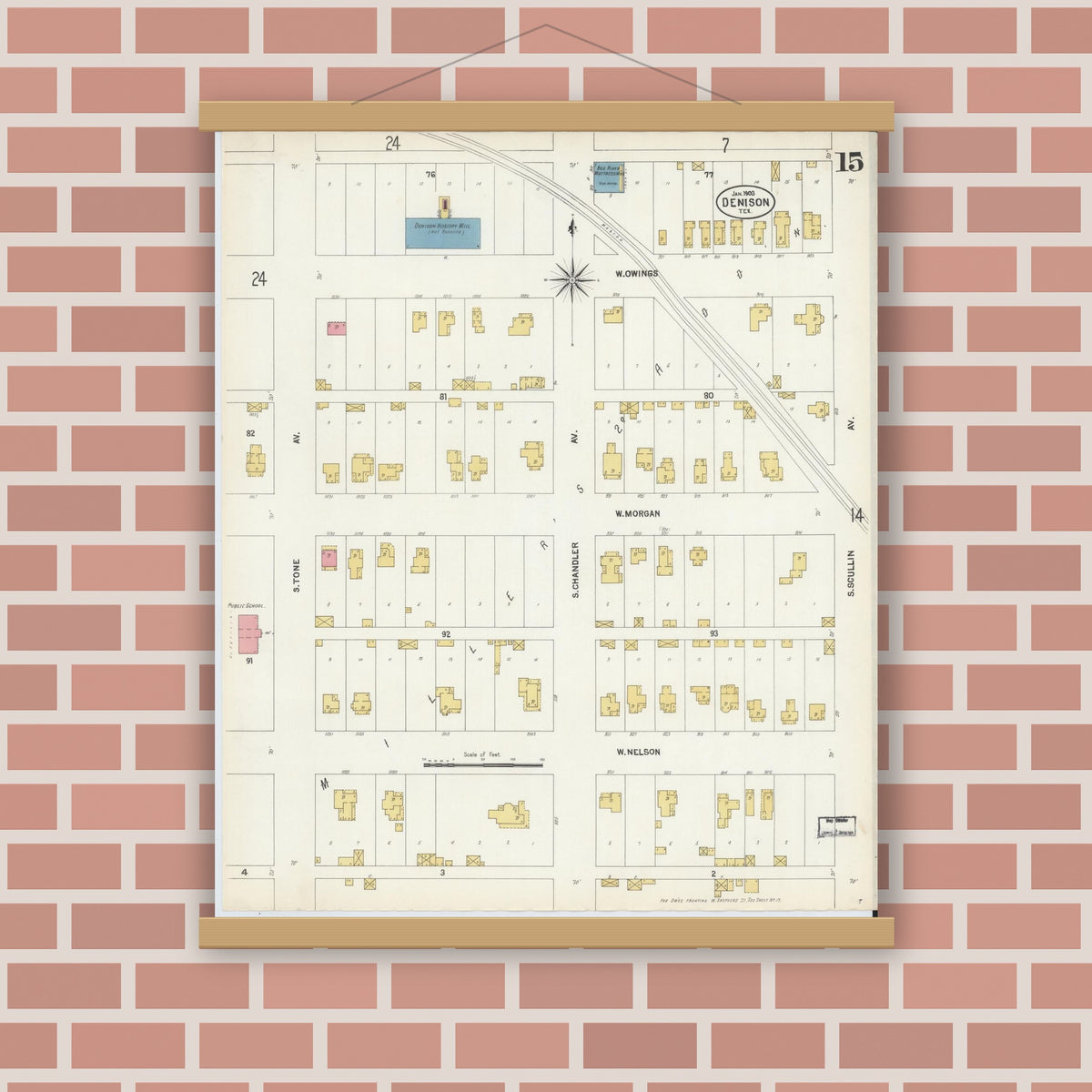 Old map wall art mockup — magnetic wood frame on brick wall — Sanborn Fire Insurance Map from Denison, Grayson County, Texas (1903), Sheet #0015
