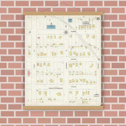 Old map wall art mockup — magnetic wood frame on brick wall — Sanborn Fire Insurance Map from Denison, Grayson County, Texas (1903), Sheet #0015