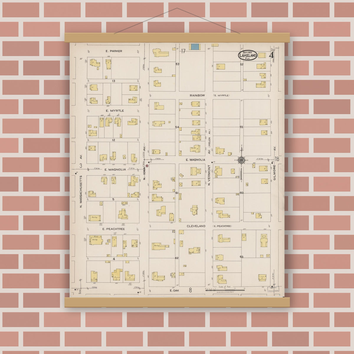 Old map wall art mockup — magnetic wood frame on brick wall — Sanborn Fire Insurance Map from Lakeland, Polk County, Florida (1922), Sheet #0004