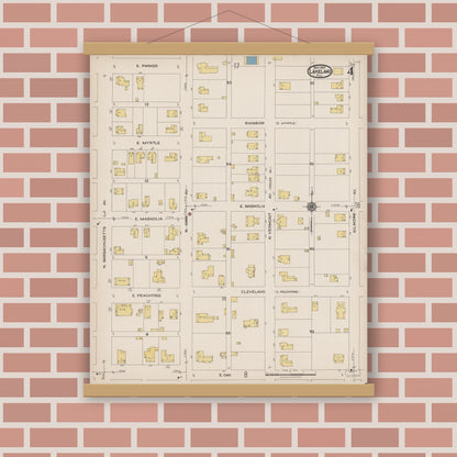Old map wall art mockup — magnetic wood frame on brick wall — Sanborn Fire Insurance Map from Lakeland, Polk County, Florida (1922), Sheet #0004