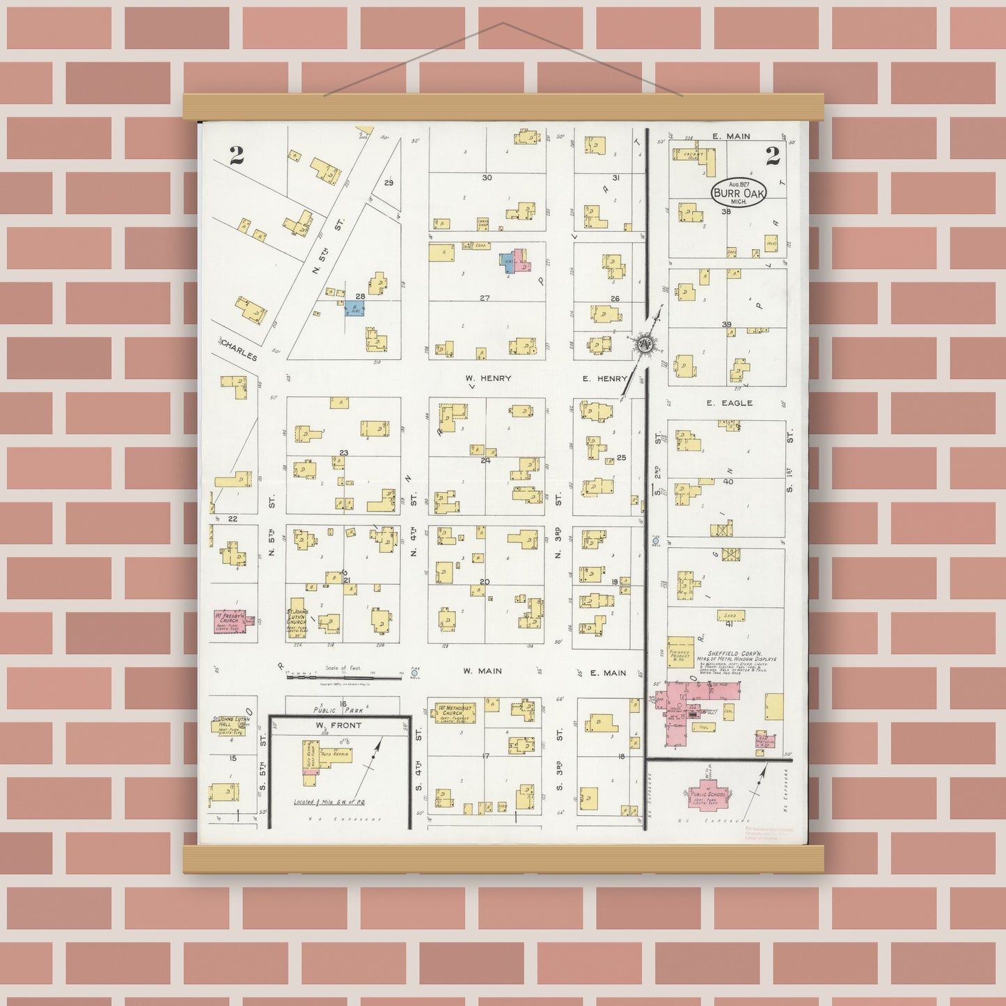 Old map wall art mockup — magnetic wood frame on brick wall — Sanborn Fire Insurance Map from Burr Oak, Saint Joseph County, Michigan (1927), Sheet #0002