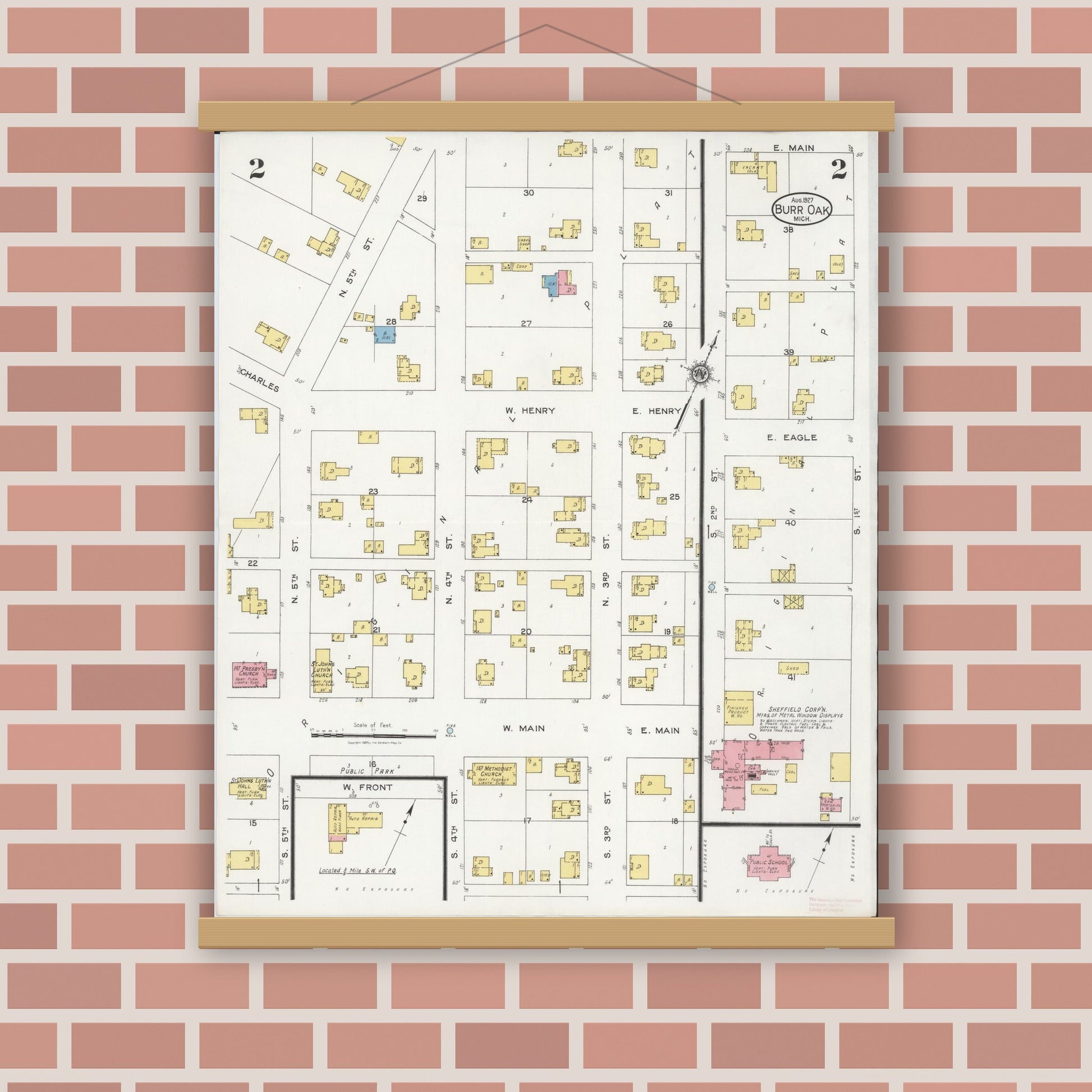 Old map wall art mockup — magnetic wood frame on brick wall — Sanborn Fire Insurance Map from Burr Oak, Saint Joseph County, Michigan (1927), Sheet #0002
