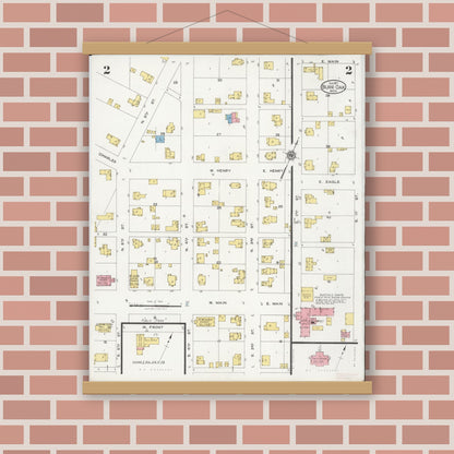 Old map wall art mockup — magnetic wood frame on brick wall — Sanborn Fire Insurance Map from Burr Oak, Saint Joseph County, Michigan (1927), Sheet #0002