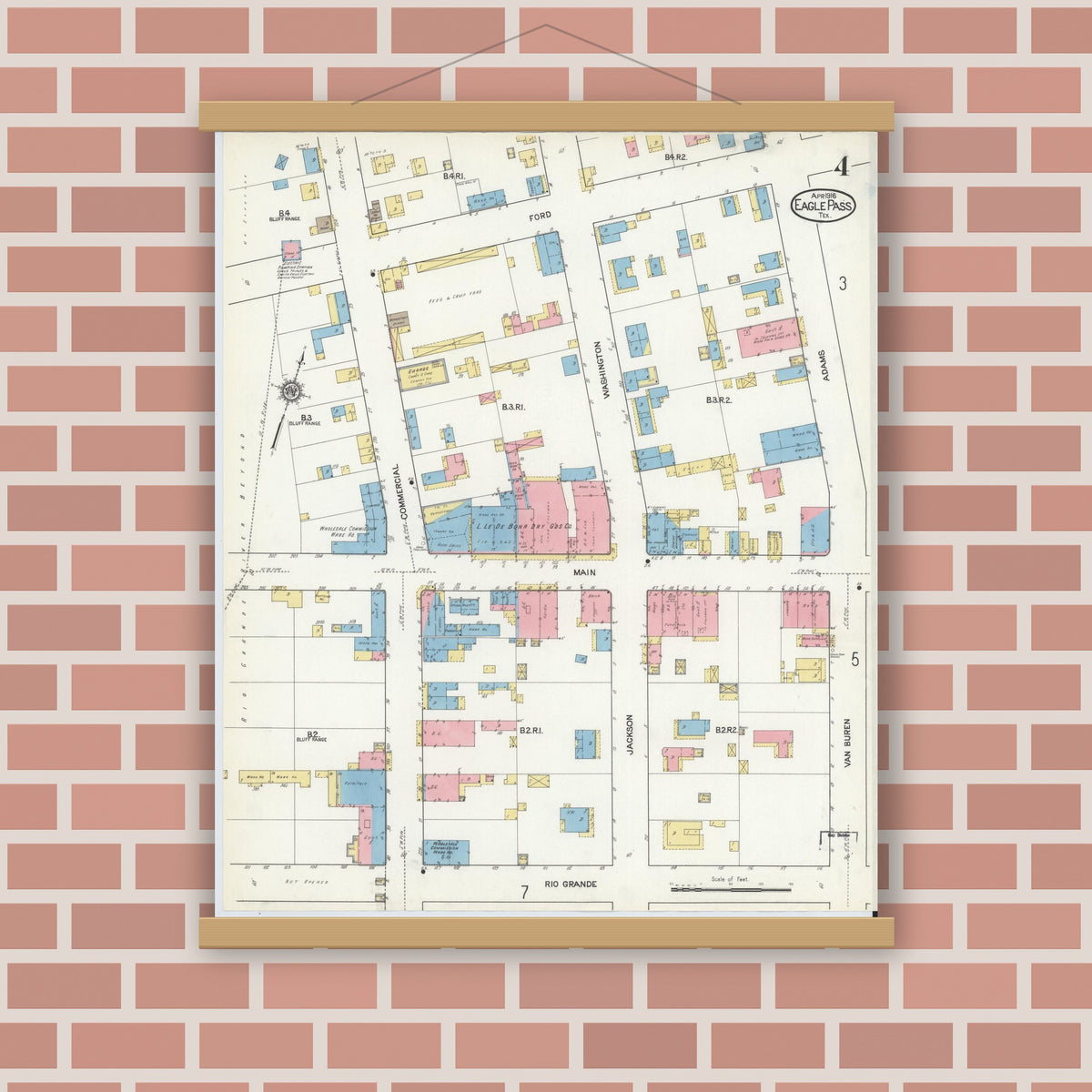 Old map wall art mockup — magnetic wood frame on brick wall — Sanborn Fire Insurance Map from Eagle Pass, Maverick County, Texas (1916), Sheet #0004