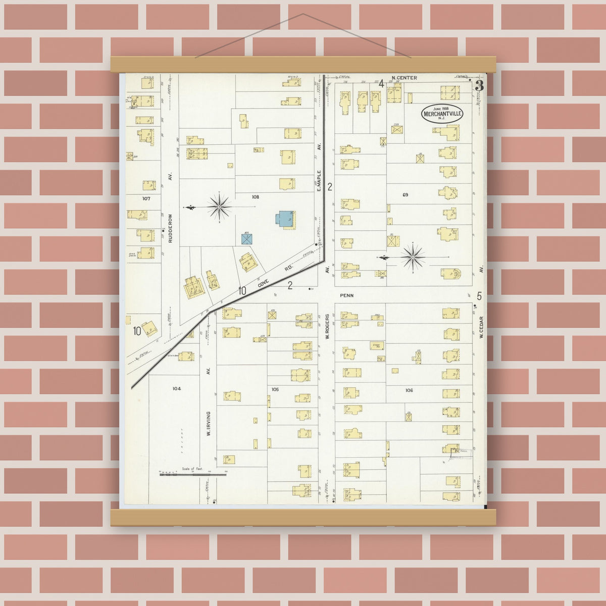 Old map wall art mockup — magnetic wood frame on brick wall — Sanborn Fire Insurance Map from Merchantville, Camden County, New Jersey (1908), Sheet #0003