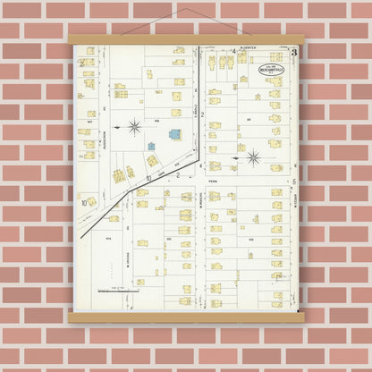 Old map wall art mockup — magnetic wood frame on brick wall — Sanborn Fire Insurance Map from Merchantville, Camden County, New Jersey (1908), Sheet #0003