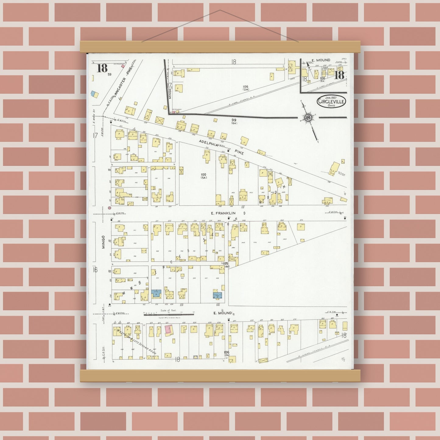 Old map wall art mockup — magnetic wood frame on brick wall — Sanborn Fire Insurance Map from Circleville, Pickaway County, Ohio (1927), Sheet #0018
