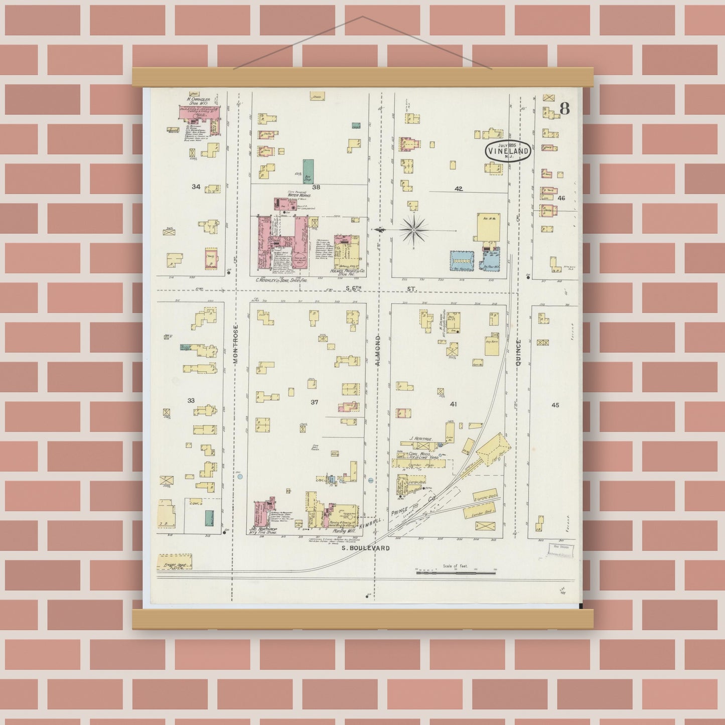 Old map wall art mockup — magnetic wood frame on brick wall — Sanborn Fire Insurance Map from Vineland, Cumberland County, New Jersey (1895), Sheet #0008