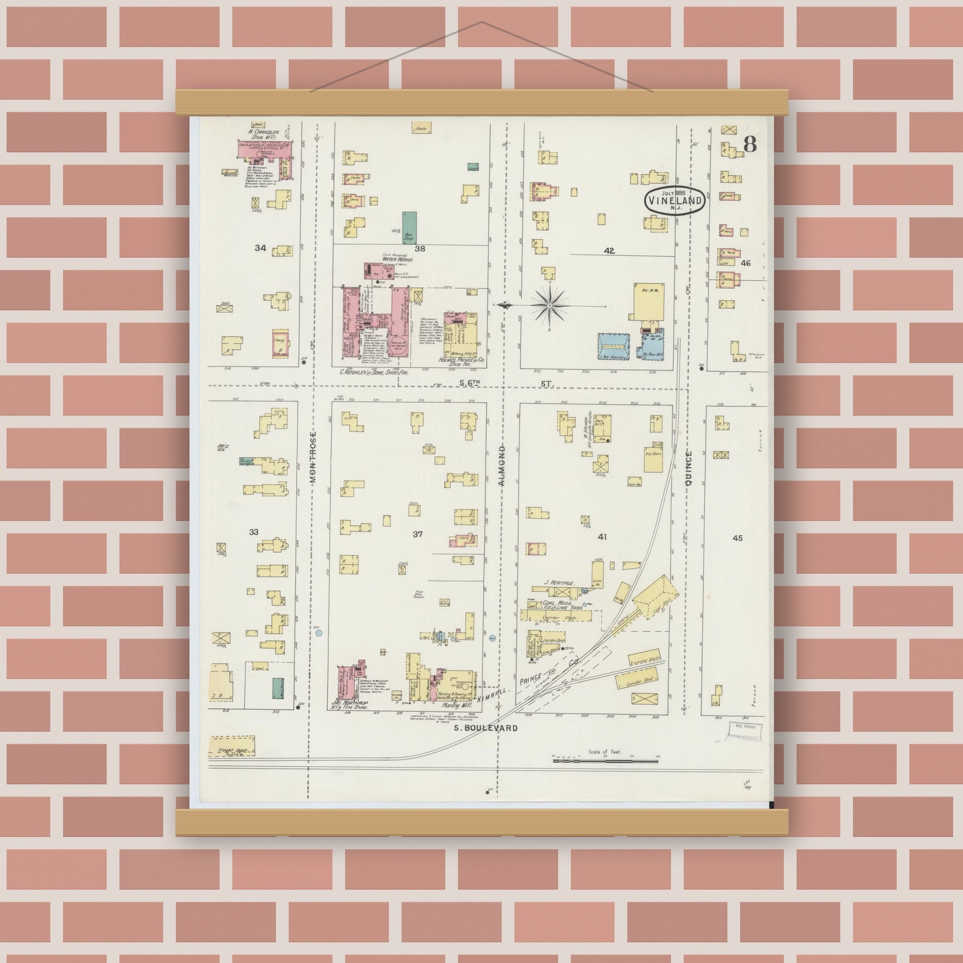 Old map wall art mockup — magnetic wood frame on brick wall — Sanborn Fire Insurance Map from Vineland, Cumberland County, New Jersey (1895), Sheet #0008