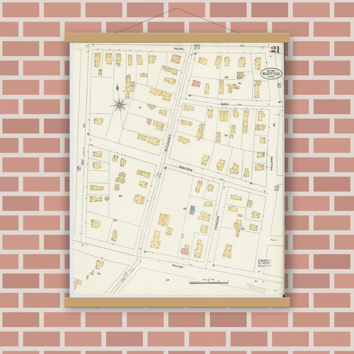 Old map wall art mockup — magnetic wood frame on brick wall — Sanborn Fire Insurance Map from Westfield, Hampden County, Massachusetts (1905), Sheet #0021