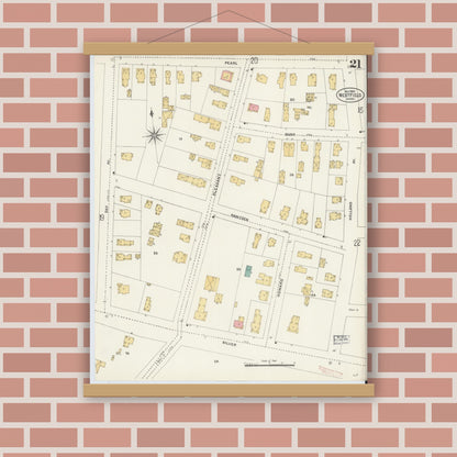 Old map wall art mockup — magnetic wood frame on brick wall — Sanborn Fire Insurance Map from Westfield, Hampden County, Massachusetts (1905), Sheet #0021