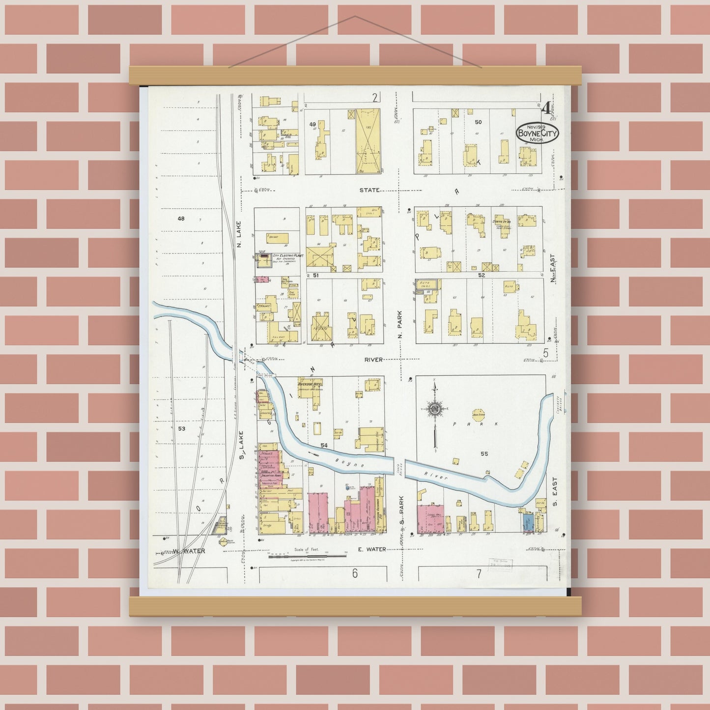 Old map wall art mockup — magnetic wood frame on brick wall — Sanborn Fire Insurance Map from Boyne City, Charlevoix County, Michigan (1919), Sheet #0004