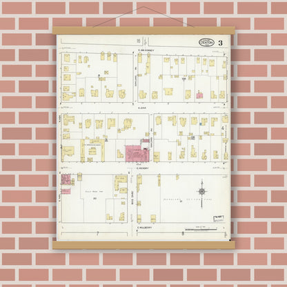 Old map wall art mockup — magnetic wood frame on brick wall — Sanborn Fire Insurance Map from Denton, Denton County, Texas (1917), Sheet #0003