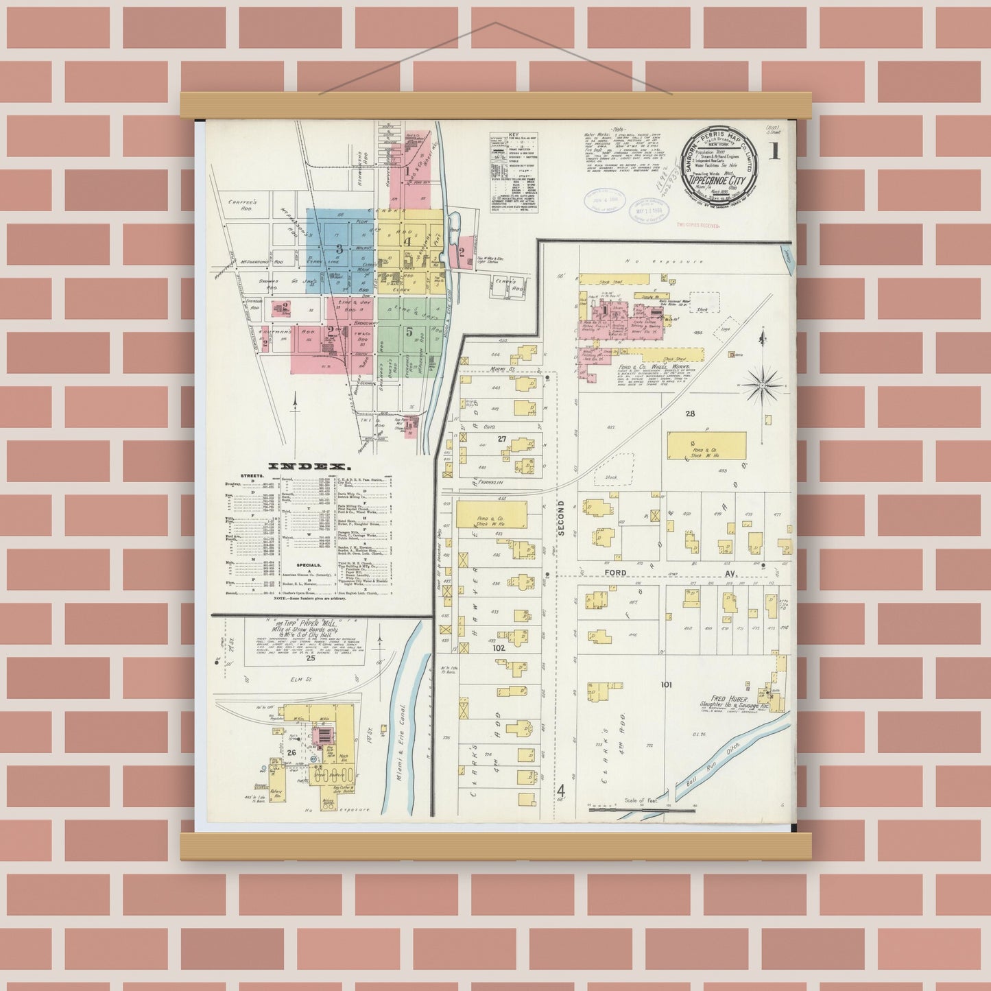 Old map wall art mockup — magnetic wood frame on brick wall — Sanborn Fire Insurance Map from Tipp City, Miami County, Ohio (1898) - Complete Map Set
