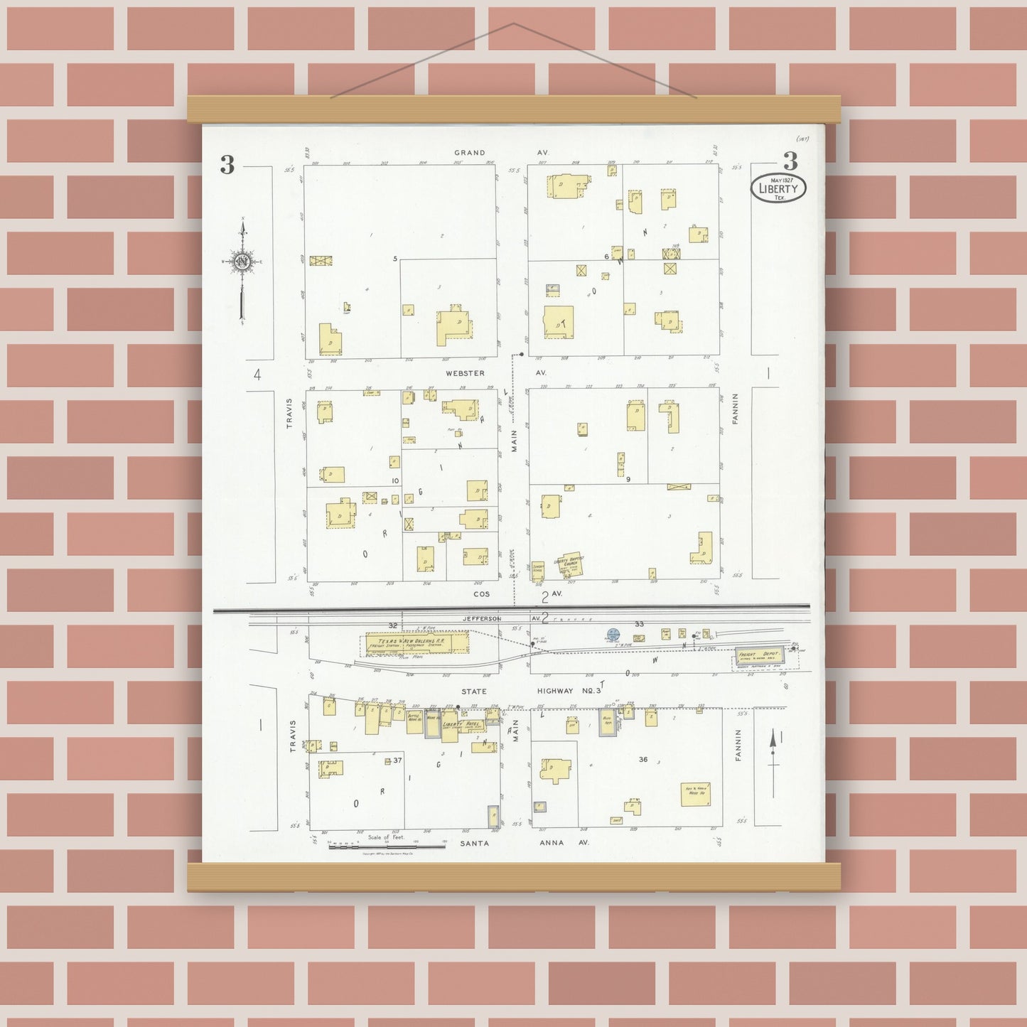 Old map wall art mockup — magnetic wood frame on brick wall — Sanborn Fire Insurance Map from Liberty, Liberty County, Texas (1927), Sheet #0003