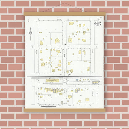 Old map wall art mockup — magnetic wood frame on brick wall — Sanborn Fire Insurance Map from Liberty, Liberty County, Texas (1927), Sheet #0003