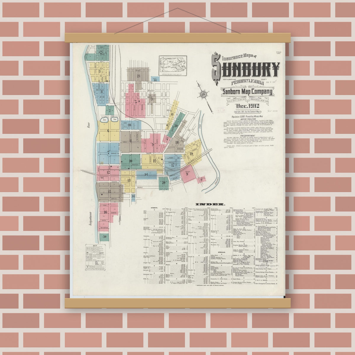 Old map wall art mockup — magnetic wood frame on brick wall — Sanborn Fire Insurance Map from Sunbury, Northumberland County, Pennsylvania (1912) - Complete Map Set
