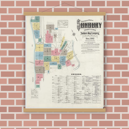 Old map wall art mockup — magnetic wood frame on brick wall — Sanborn Fire Insurance Map from Sunbury, Northumberland County, Pennsylvania (1912) - Complete Map Set
