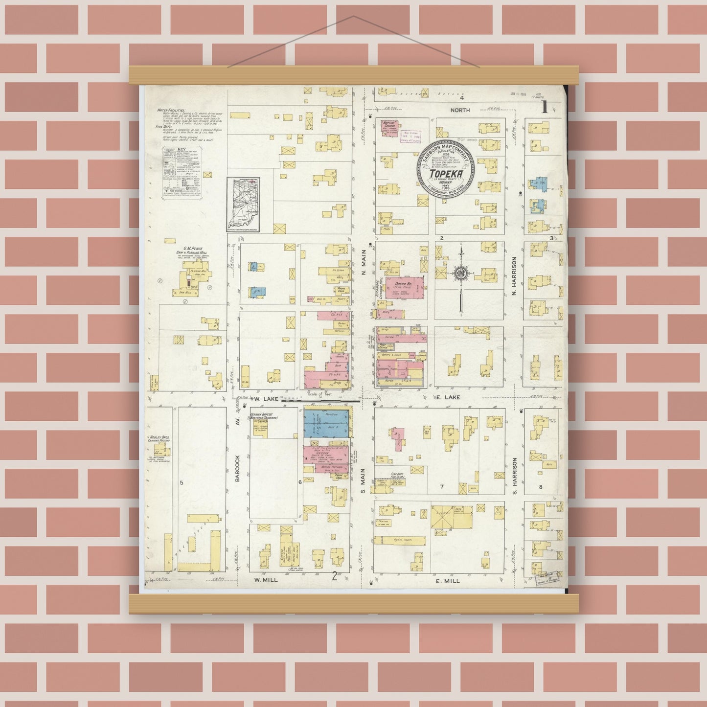 Old map wall art mockup — magnetic wood frame on brick wall — Sanborn Fire Insurance Map from Topeka, LaGrange County, Indiana (1916), Sheet #0001