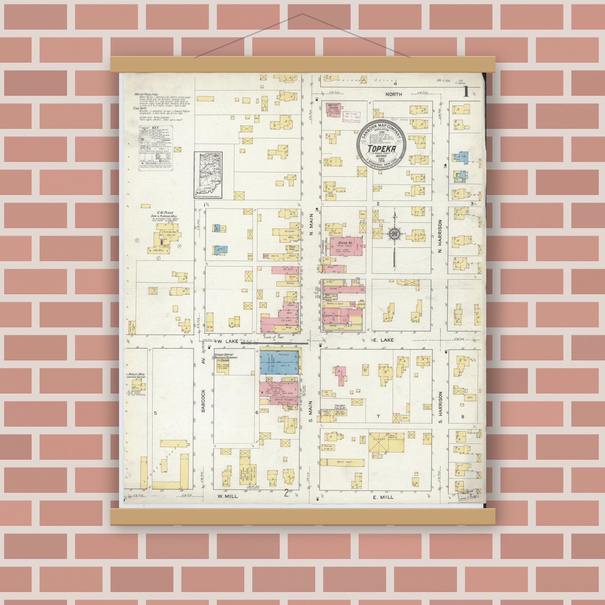 Old map wall art mockup — magnetic wood frame on brick wall — Sanborn Fire Insurance Map from Topeka, LaGrange County, Indiana (1916), Sheet #0001
