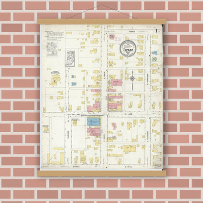 Old map wall art mockup — magnetic wood frame on brick wall — Sanborn Fire Insurance Map from Topeka, LaGrange County, Indiana (1916), Sheet #0001