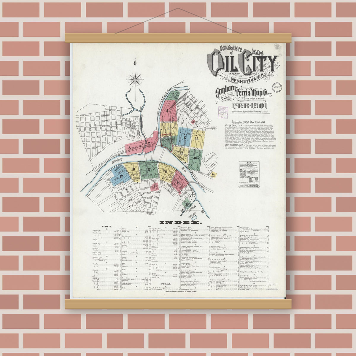 Old map wall art mockup — magnetic wood frame on brick wall — Sanborn Fire Insurance Map from Oil City, Venango County, Pennsylvania (1901), Sheet #0001
