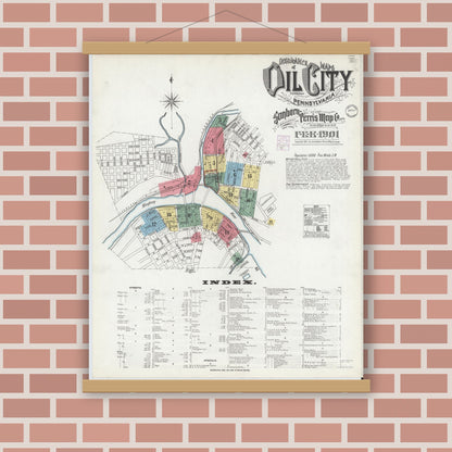 Old map wall art mockup — magnetic wood frame on brick wall — Sanborn Fire Insurance Map from Oil City, Venango County, Pennsylvania (1901), Sheet #0001