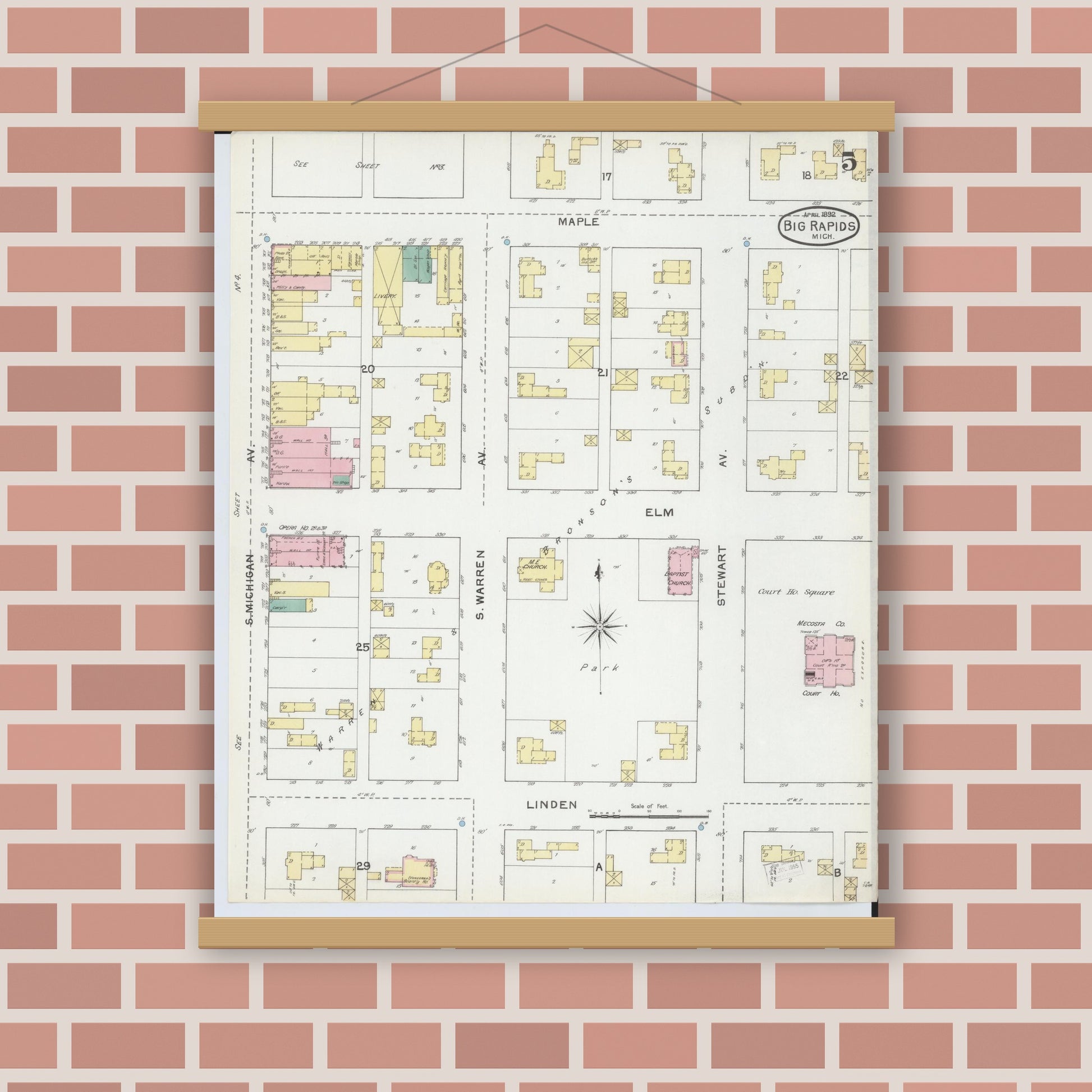 Old map wall art mockup — magnetic wood frame on brick wall — Sanborn Fire Insurance Map from Big Rapids, Mecosta County, Michigan (1892), Sheet #0005