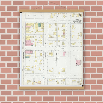 Old map wall art mockup — magnetic wood frame on brick wall — Sanborn Fire Insurance Map from Big Rapids, Mecosta County, Michigan (1892), Sheet #0005