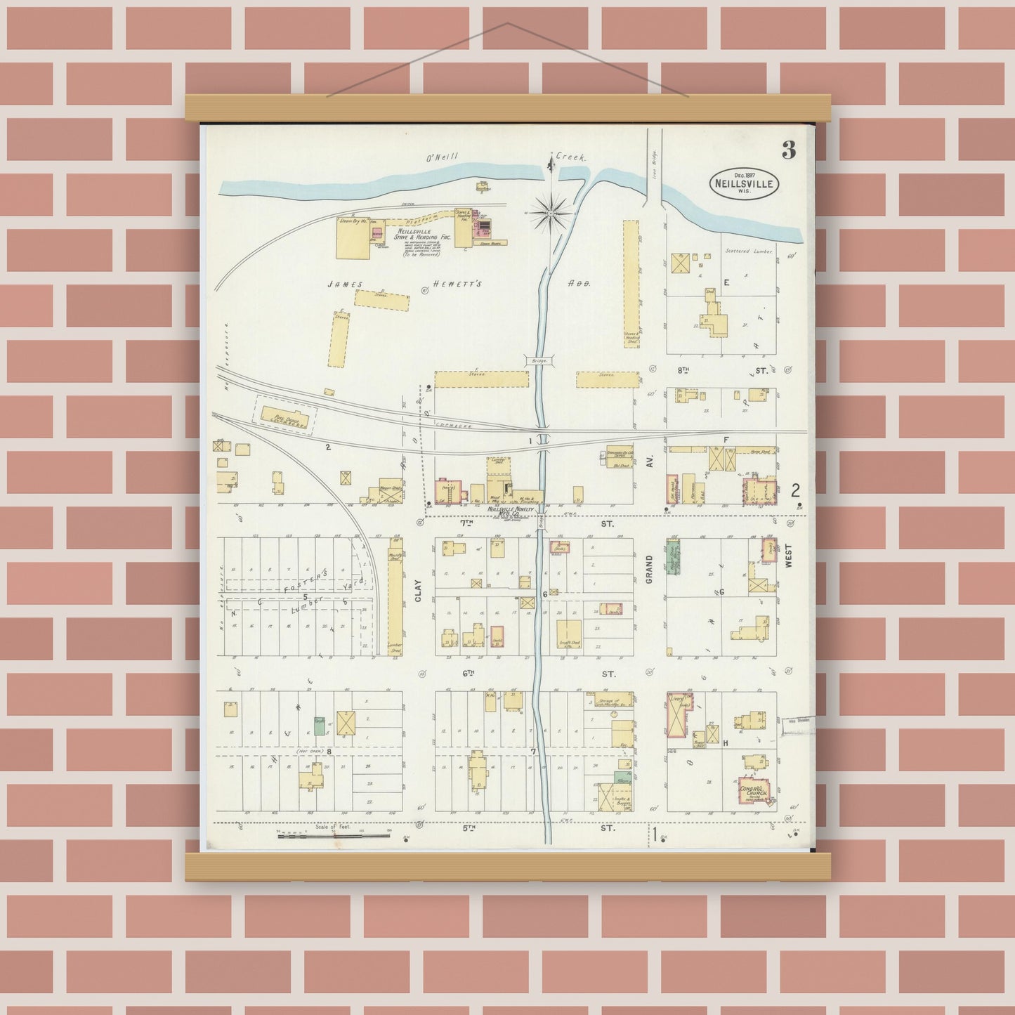 Old map wall art mockup — magnetic wood frame on brick wall — Sanborn Fire Insurance Map from Neillsville, Clark County, Wisconsin (1897), Sheet #0003