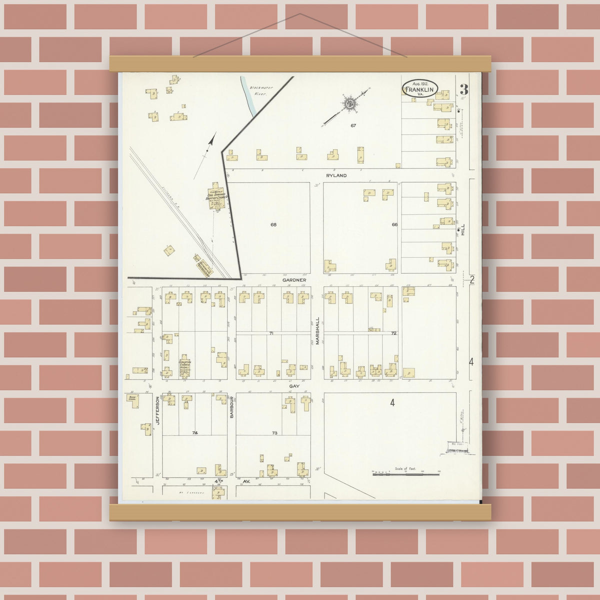 Old map wall art mockup — magnetic wood frame on brick wall — Sanborn Fire Insurance Map from Franklin, Independent Cities, Virginia (1912), Sheet #0003