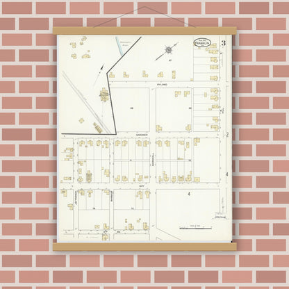 Old map wall art mockup — magnetic wood frame on brick wall — Sanborn Fire Insurance Map from Franklin, Independent Cities, Virginia (1912), Sheet #0003