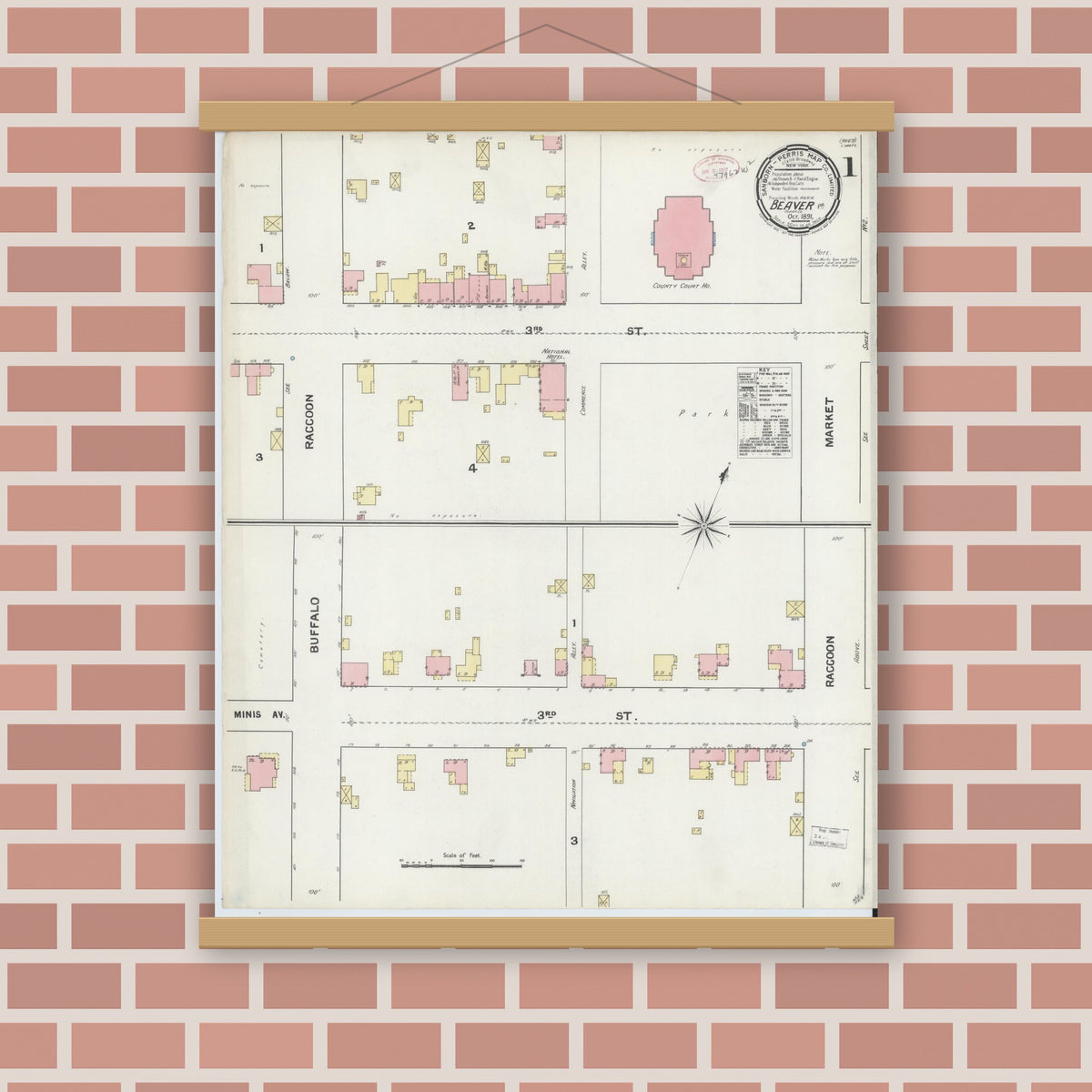 Old map wall art mockup — magnetic wood frame on brick wall — Sanborn Fire Insurance Map from Beaver, Beaver County, Pennsylvania (1891), Sheet #0001
