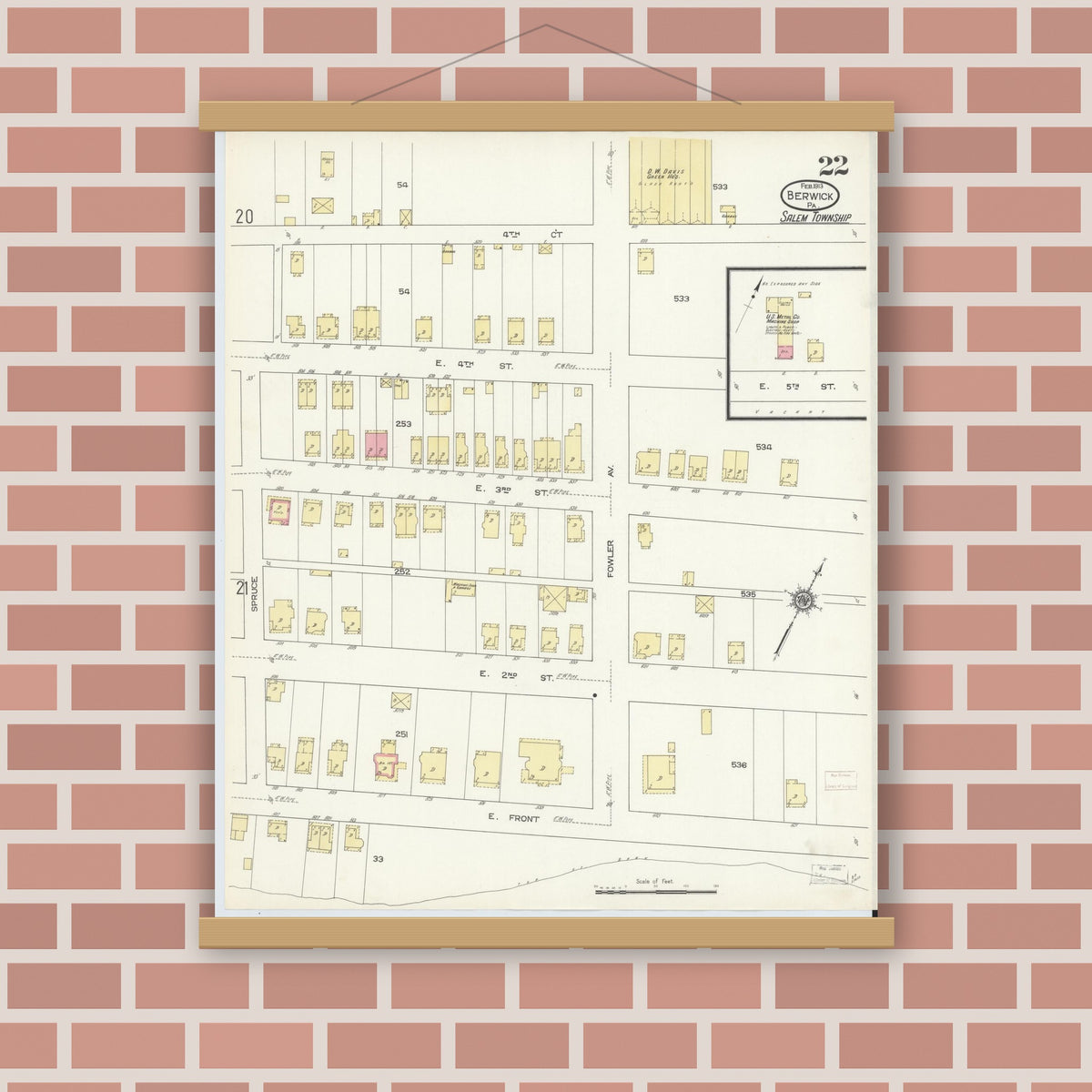 Old map wall art mockup — magnetic wood frame on brick wall — Sanborn Fire Insurance Map from Berwick, Columbia County, Pennsylvania (1913), Sheet #0022